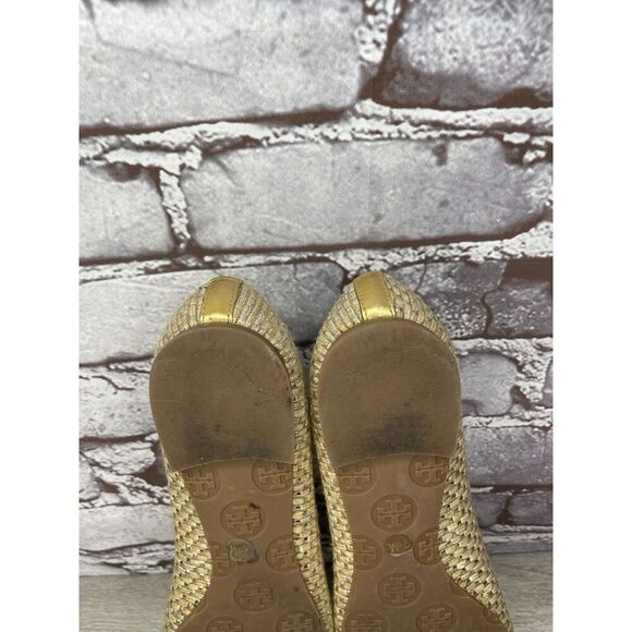 Tory Burch Straw Reva Gold Leather Logo Ballet Flats Women’s Sz 7.5M US/38EU - Picture 9 of 16